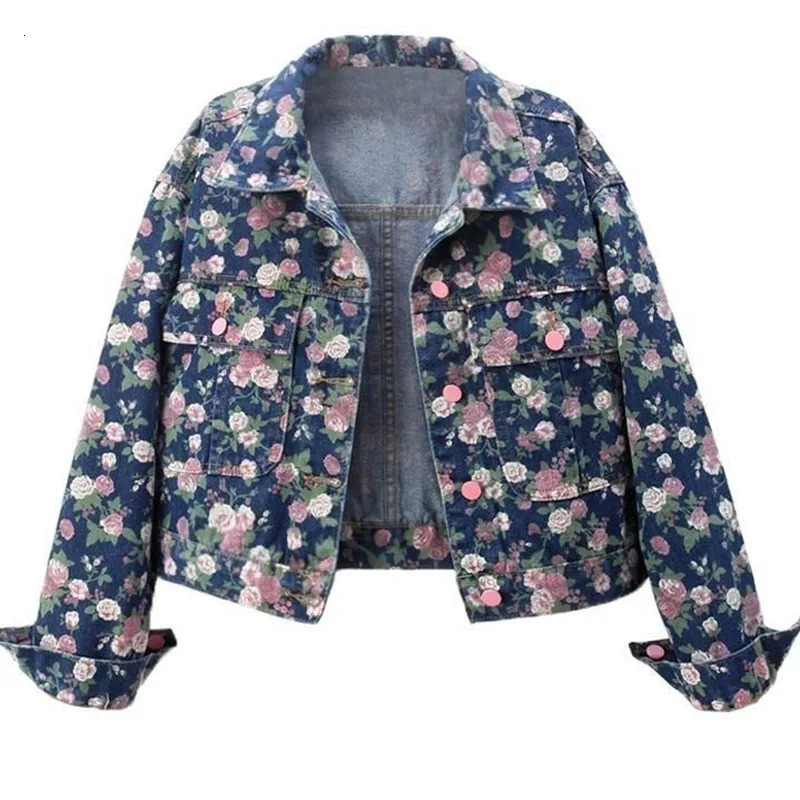 Ladies Spring And Autumn Retro Fashion Joker Floral Print Long Sleeve Denim Jacket Short Loose Jacket Button Lapel Jacket 260617