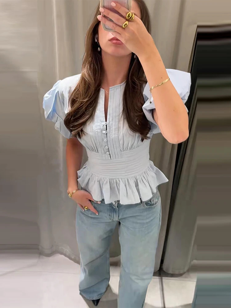 Women Chiffon Blouse Split Neck Single Breasted Puff Sleeve Smocked Waist Ruffle Hem Top Elegant Casual Chic Summer 2026 Outfits 260623