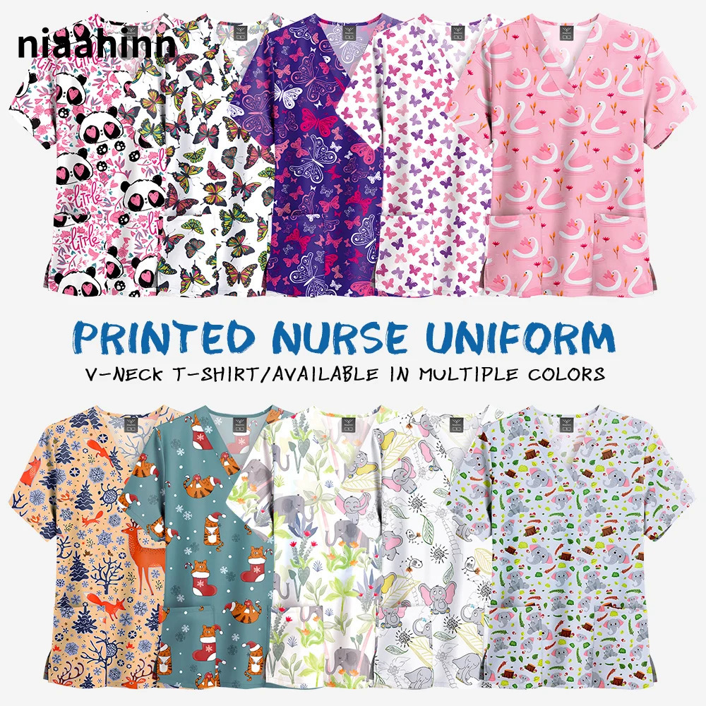Stampa Scrub Top da donna con tasche Scollo a V Uniformi per toelettatura Animali da infermiera Spa Caring Camicia Uniformes De Enfermera Para Mujer