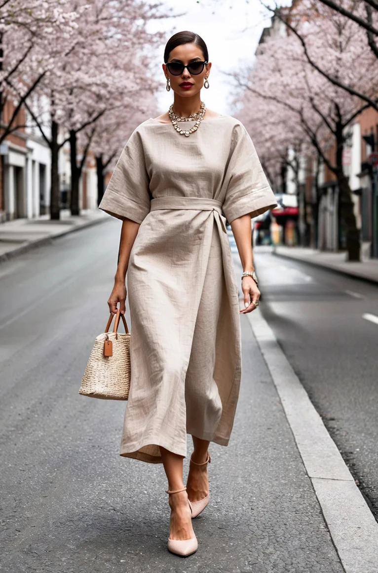Women Boat Neck Batwing Sleeve High Waist Belted Midi Dress Elegant Office Lady Business Work Sheath Casual Summer 260624