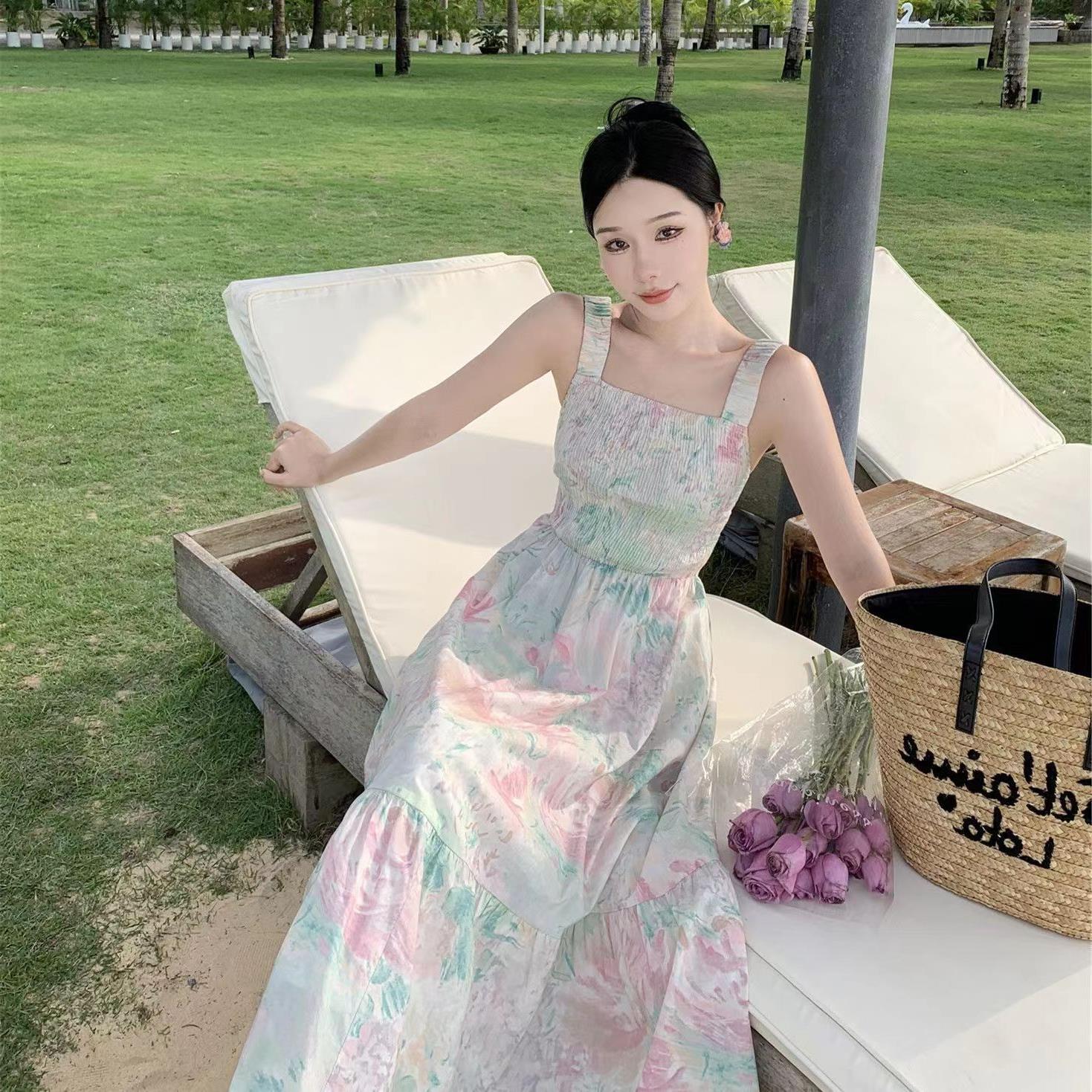 Q0441 oil painting girl holiday style suspender skirt design sense printing large skirt square collar temperament dress seaside long dress women-image-1112041640