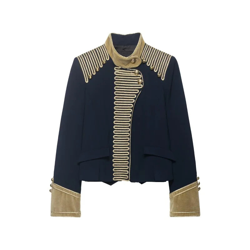 2026 Arrival Womens British Style Short Jacket Gold Embroidery Contrast Trim Stand Collar Vintage Elegant Daily 260623
