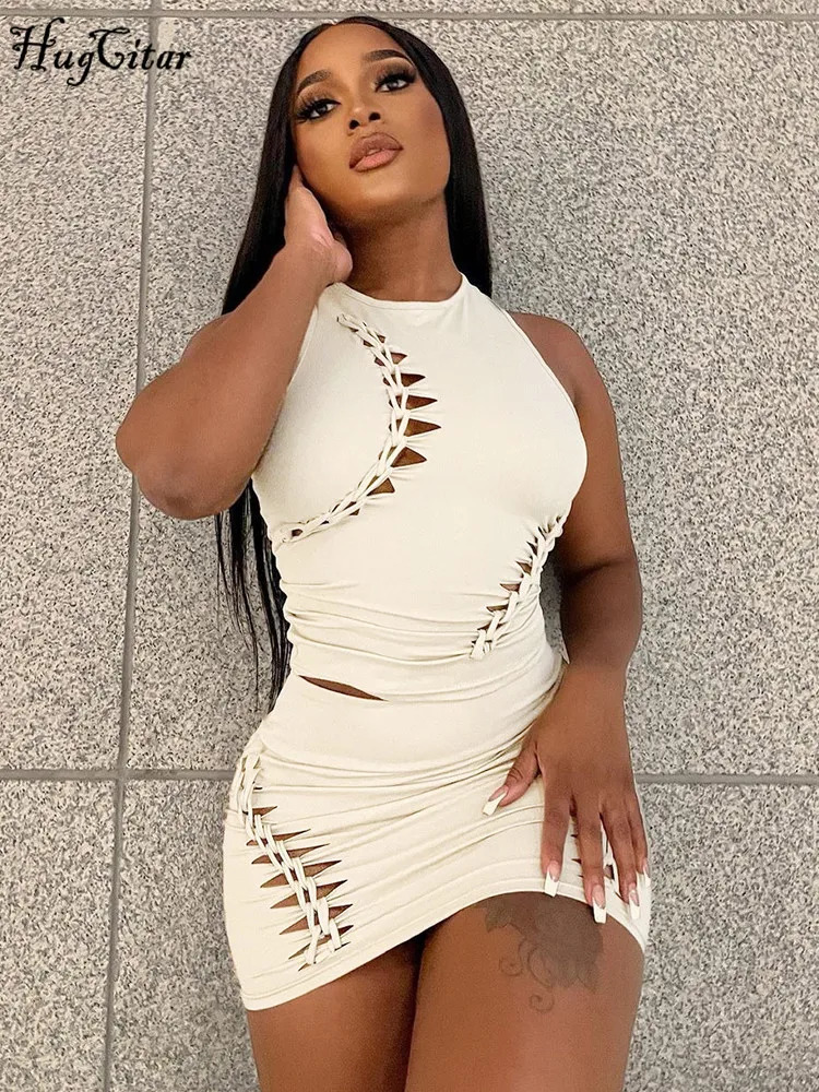 Hugcitar Fashion 2 Pcs Sets Solid O Neck Cut Out Sexy Crop Tank Top Skirt 2025 Spring Summer Women Y2K Clothes Party Vacation 260622