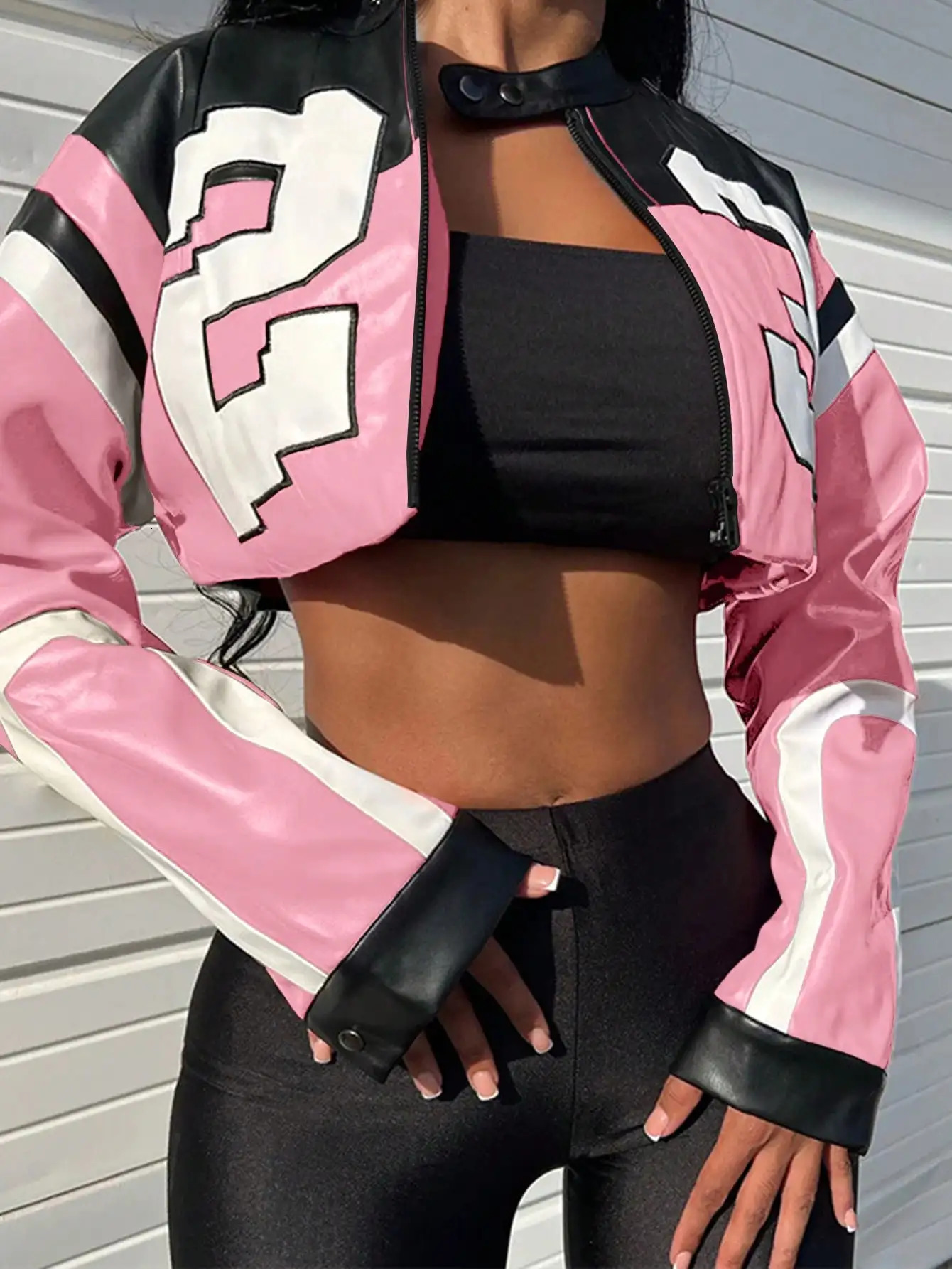 Womens Artificial Leather Jacket PU Leather Short Jacket Digital Printed Fashion Streetwear Motorcycle Casual Jacket 260623
