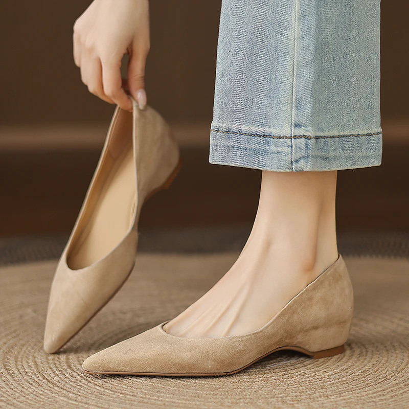 Handmade Genuine Leather Suede 1CM Low Heels Pointed Toe Dress Shoes Women Elegant Pumps Casual Shoes Flat Shoes 260624