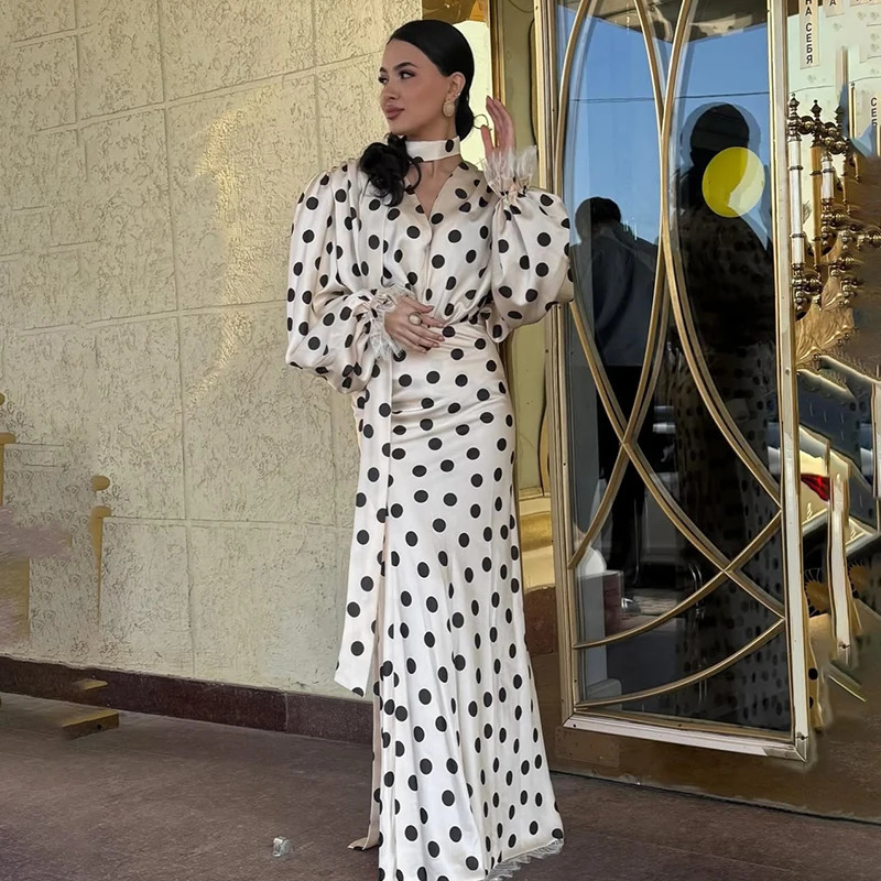 Vintage Polka Dot 2 Piece Set Women Elegant V Neck Lantern Sleeve Top and High Waist Maxi Skirt Suits Dress y Outfits 2026 260622