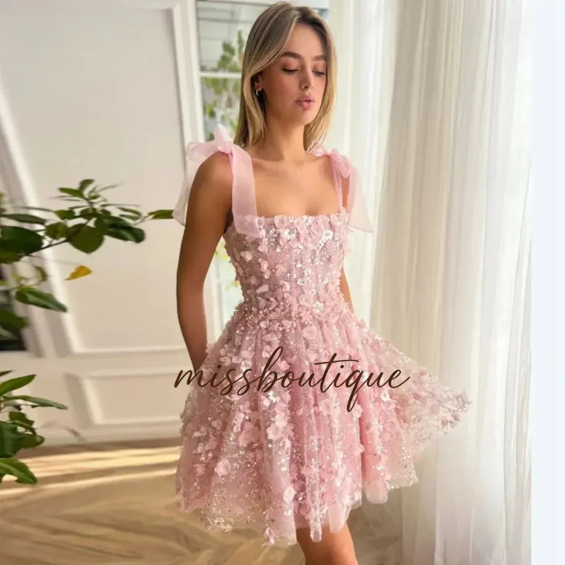 Principessa rosa corto abiti da ballo formali 2026 cinghie 3D fiore pizzo ricamo tulle abiti da festa per ritorno a casa spettacolo compleanno abito