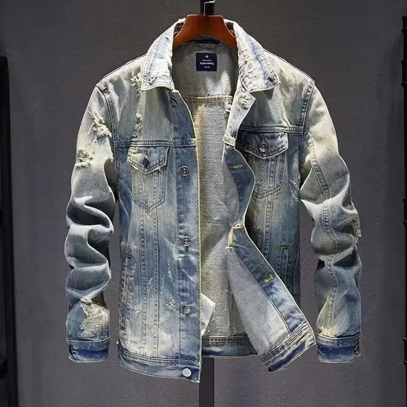 Retro Korean MenS Denim Jacket Blue Slim Fit Youth Casual Fashion Lapel Ripped 260623banjia