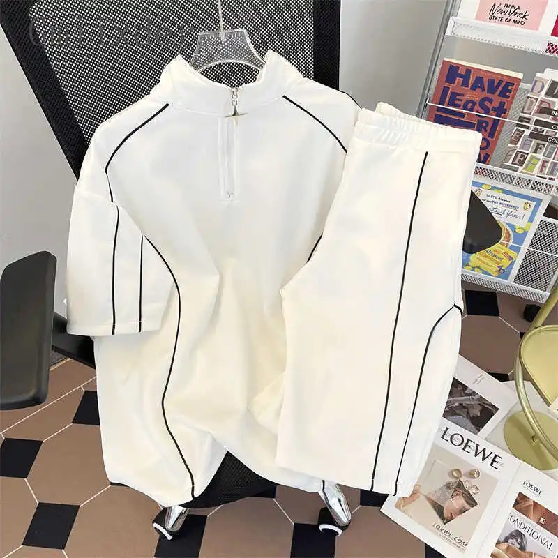Japanese Summer Harajuku Striped Shirt Mens Suit Korean Elegant High Street Tracksuits Trendy Loose Longsleeved Shorts 260615