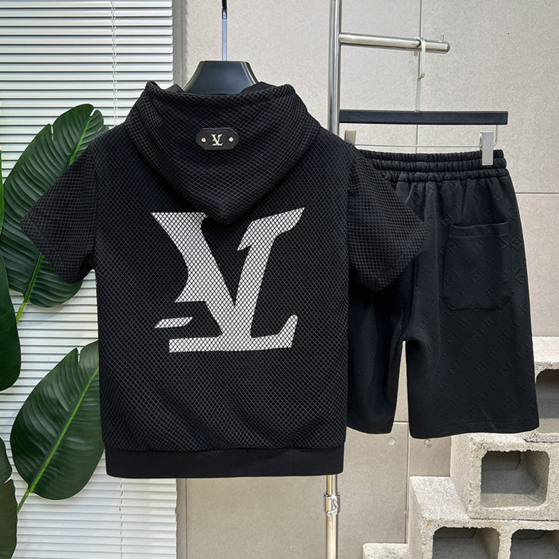 Mens T Shirt Summer New Mesh Hooded Short Sleeve T-Shirt Men Loose High-End Light Luxury Big Letter Print Versatile Casual Half Sleeve Tops Streetwe