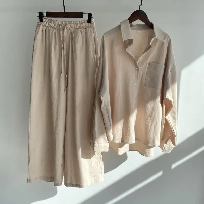 Women Cotton Linen 2 Piece Set Long Sleeve Shirt Wide Leg Pants Casual Solid Matching Loungewear Daily Street Outfit 260623