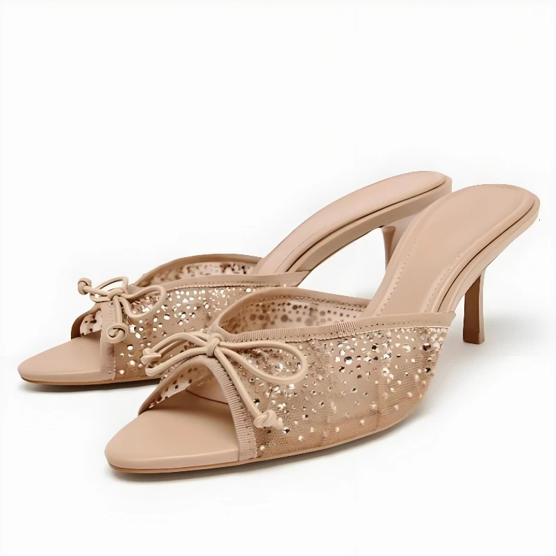 Strass Peep Toe High Heels Hausschuhe Frauen Sommer Mesh Atmungsaktive Schuhe Elegante Bogen Dekoration Slides Sandalen 260624