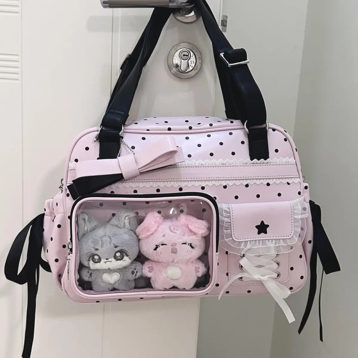 Japanese Sweet Cute Pink Bow Shoulder Bag Women Polka Dot Lace Large Capacity Anime Doll Ita Bag Ladies Harajuku Crossbody Bags 260624