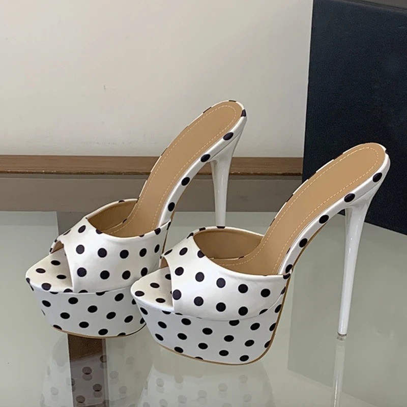 Liyke Sexy 16CM Super High Heels Slippers Women Summer Peep Toe Polka Dot Silk Platform Sandals Stiletto Woman Party Dress Shoes 260624
