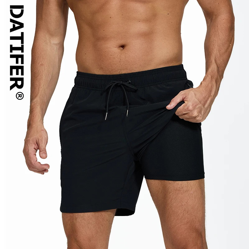 DATIFER Summer 2026 Mens Shorts Polyester With Spandex Long Liner 2 in 1 Elastic Waist Side Zipper Pocket Gym Beach Swimwear 260623