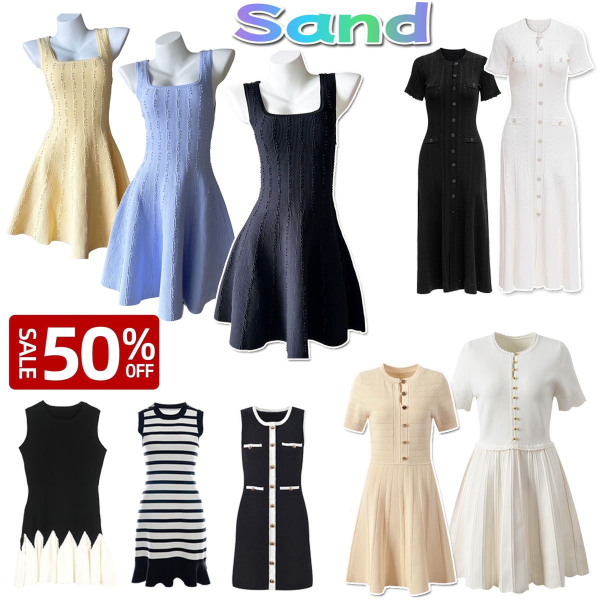 Hot Stamping Diamond Hollow Out Bubble Sleeve Luxury Designer Sandros Women Knitted Bodycon Party Dress Ruffle Hem Design
