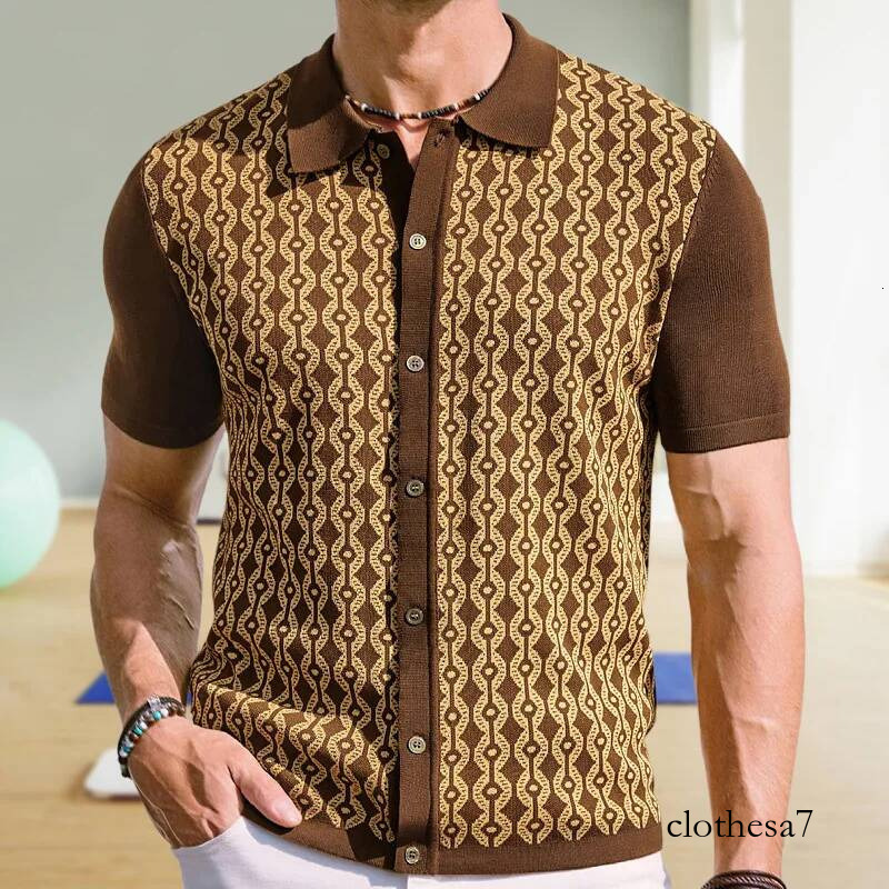 European and American men's summer cool silk short-sleeved knitted sweater lapel jacquard cardigan polo shirt