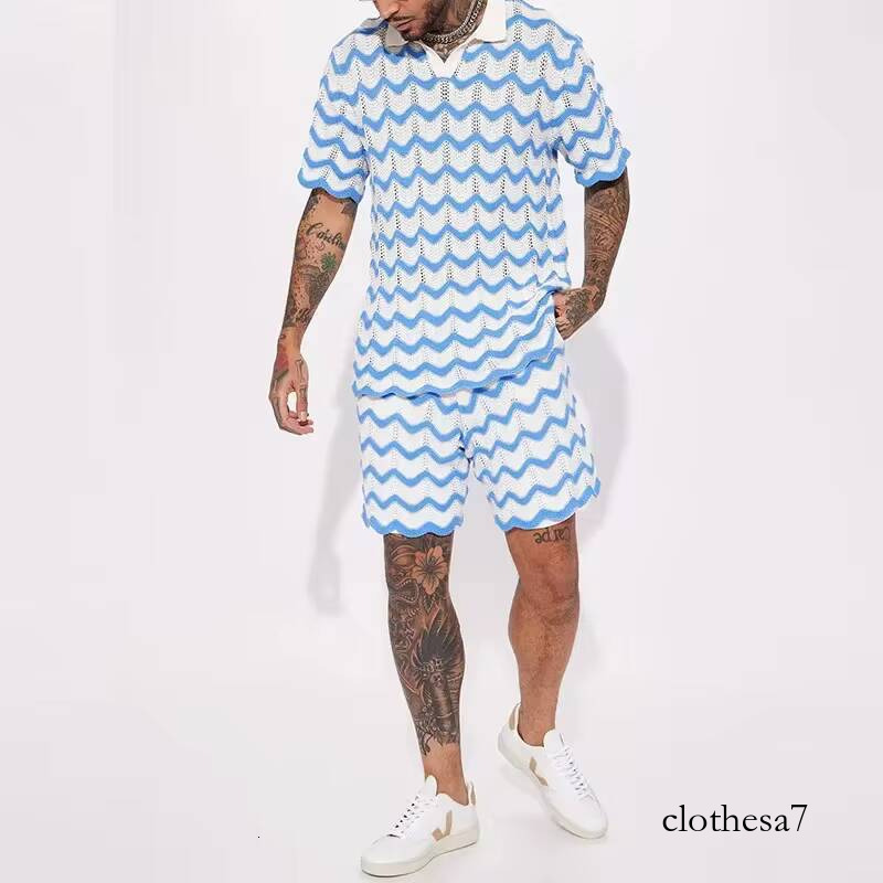2023 Summer New Men's Set Knit Fashion Print Shirts and Shorts Two Piece Suits Sports Leisure Male Clothing
