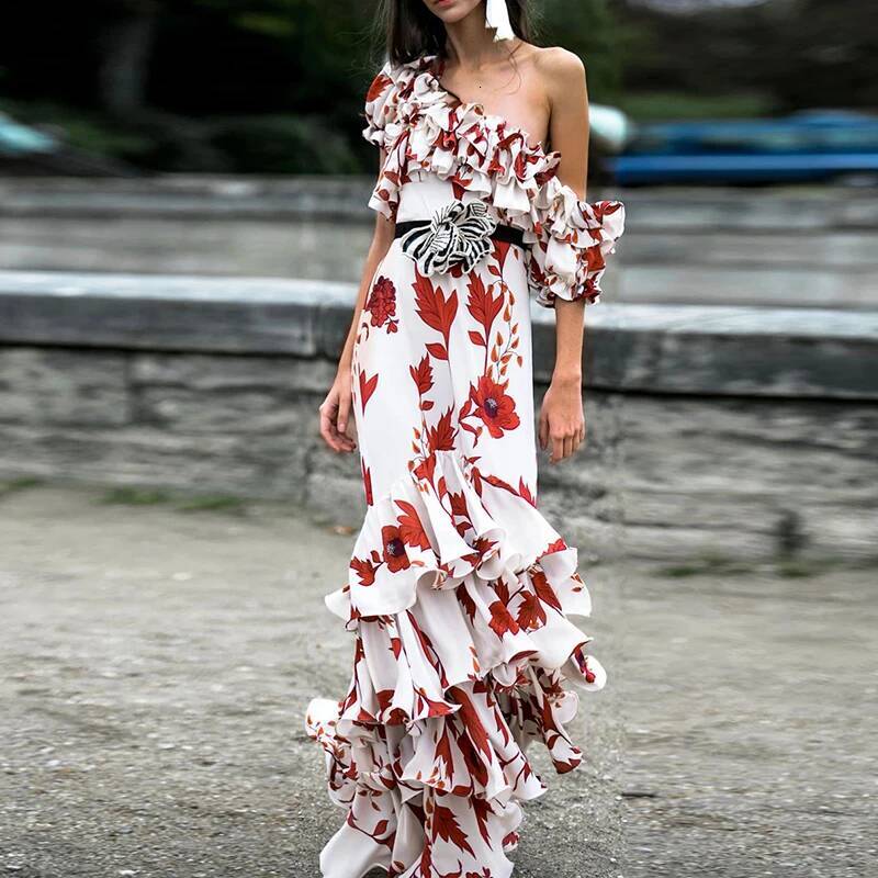 HIGH STREET New Summer 2026 Fashion Women's Elegant Cascading Ruffles Floral Print Slash Neck Beach Holiday Maxi Long Dress MAKOUFEI