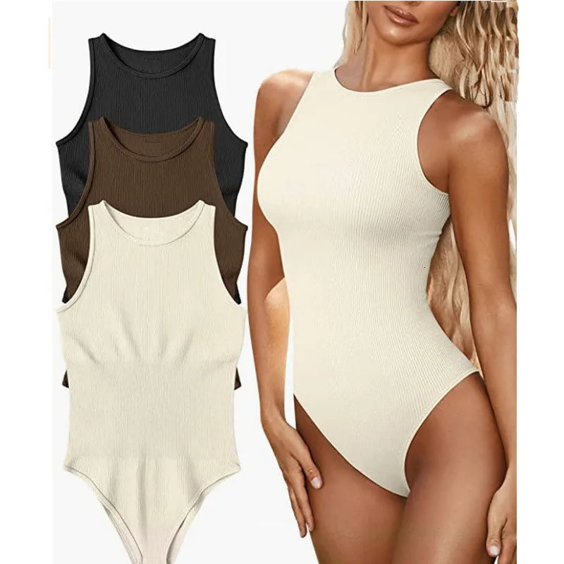 Cross border European and American summer solid color sexy tight fitting sleeveless ribbed bodysuit womens clothing 260623