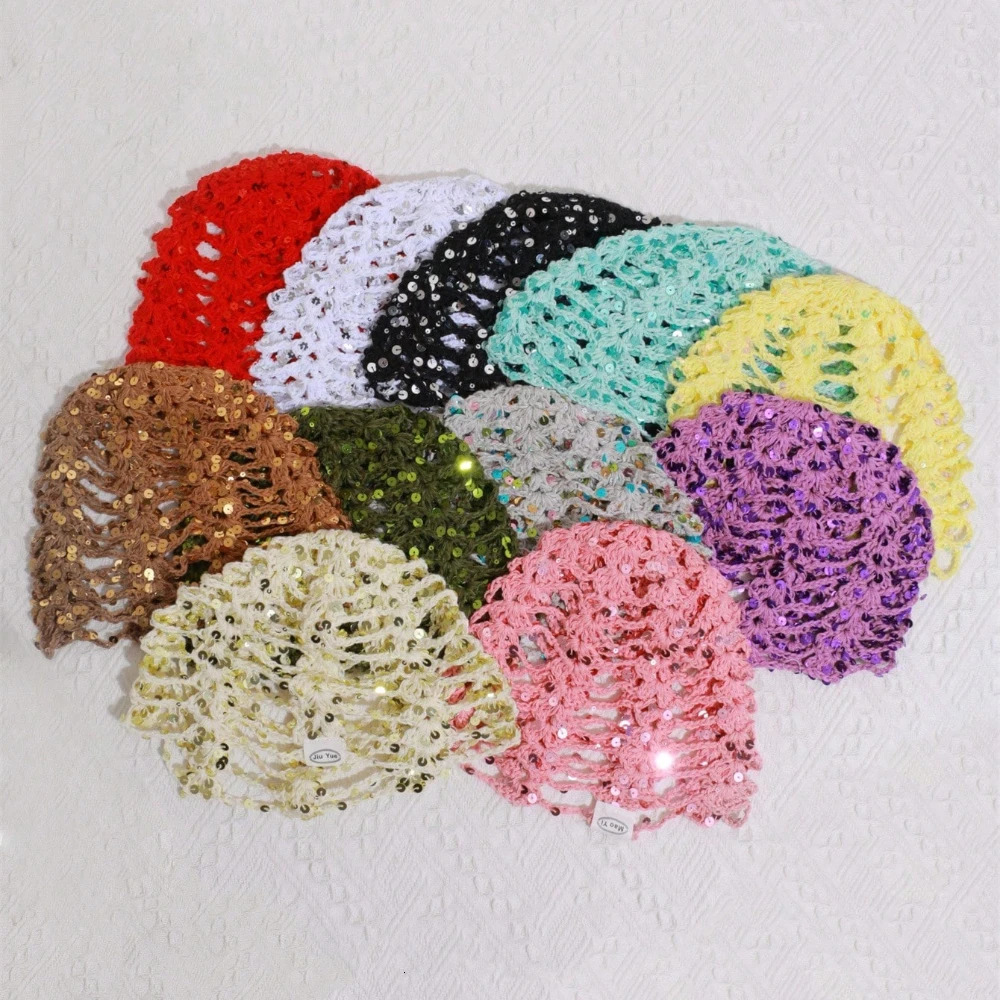 1pc Womens Y2K Cute Casual Style Fashion Contrast Color Sequin Shiny Hollow Breathable Handmade Knitted Cap Bucket Hat 260624