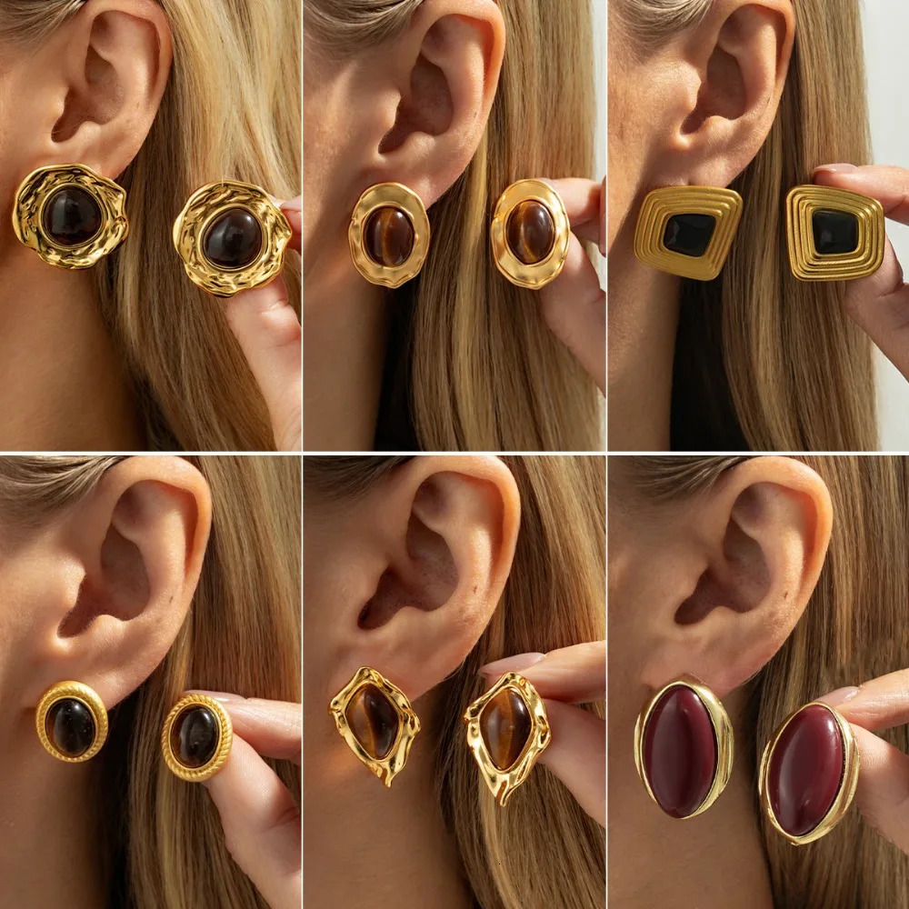 Korea Retro Geometric Liquid Metal Pleated Round Maillard Color Eye Stone Ear Stud Earrings for Women Fashion Jewelry260611