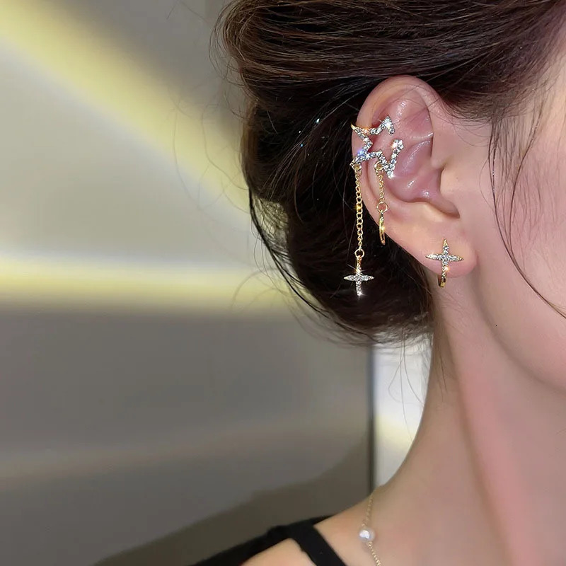 Sparkling Asymmetric Zircon Star Moon Ear Clip for Women Without Piercing Cross Tassel Ear Cuff Clip Earrings Wedding Jewelry260624