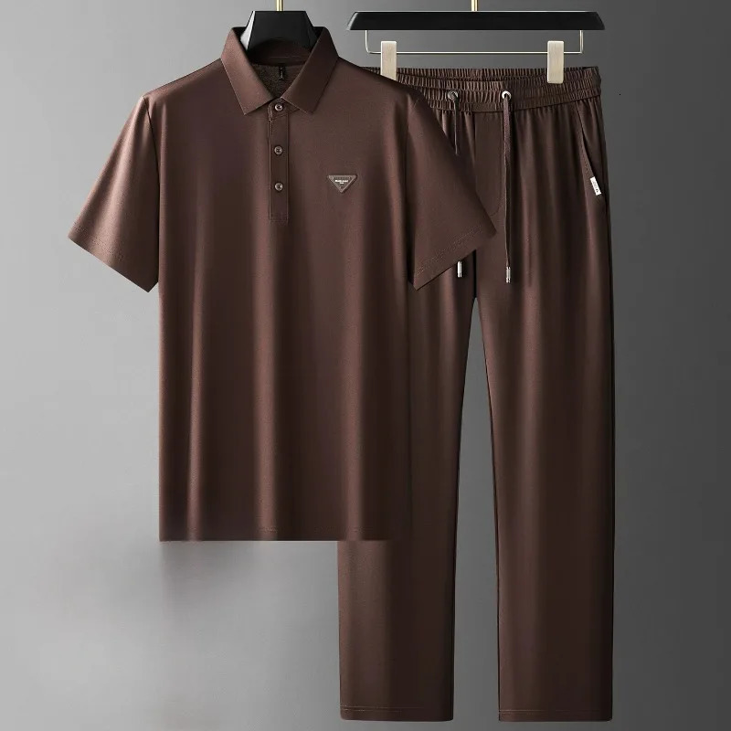 Minglu Ice Silk Summer Mens Polo Sets y Short Sleeve Solid Color Modal Male Shirts Sport Casual Man Sweatsuits 260624