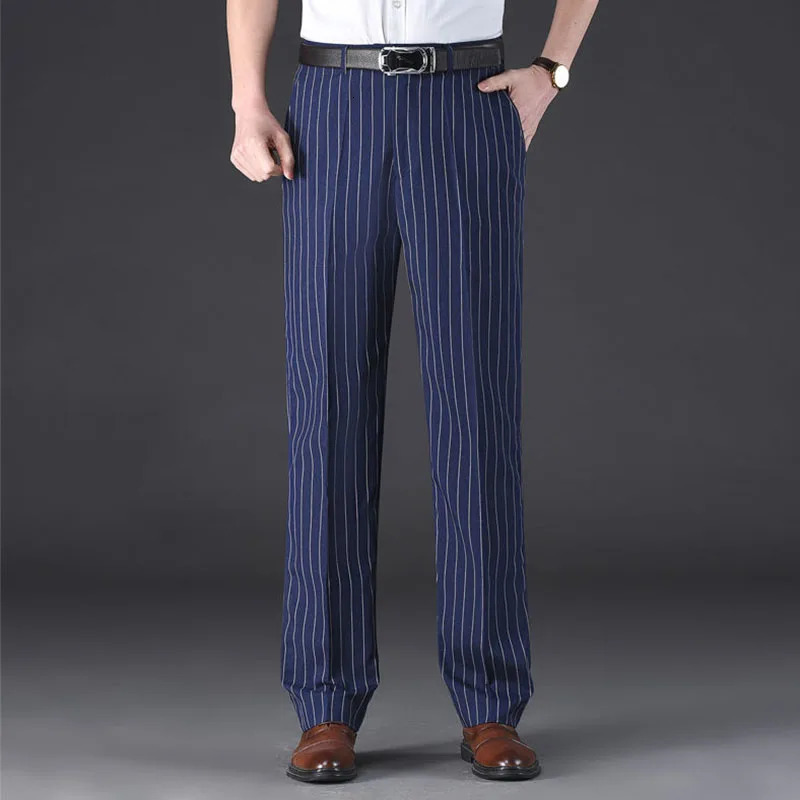 England Style Men Casual Summer Thin Straight AntiWrinkle Striped Trousers Loose Business Vintage Color Suit Pants 260618