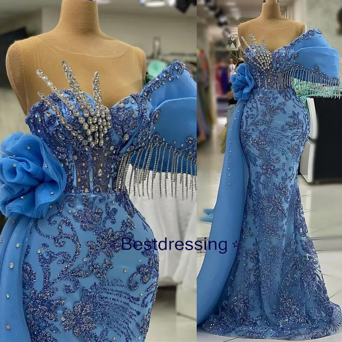 2024 Aso Ebi Sheer Neck Mermaid Prom Dress Beaded Crystals Evening Formal Party Second Reception Birthday Engagement Gowns Dresses Robe De Soiree Bd