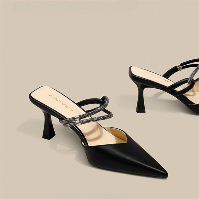 Summer Sexy Pointed Toe Womens Sandals Rhinestone High Heels Elegant Slip-on Womens Closed-Toe Mules 260623