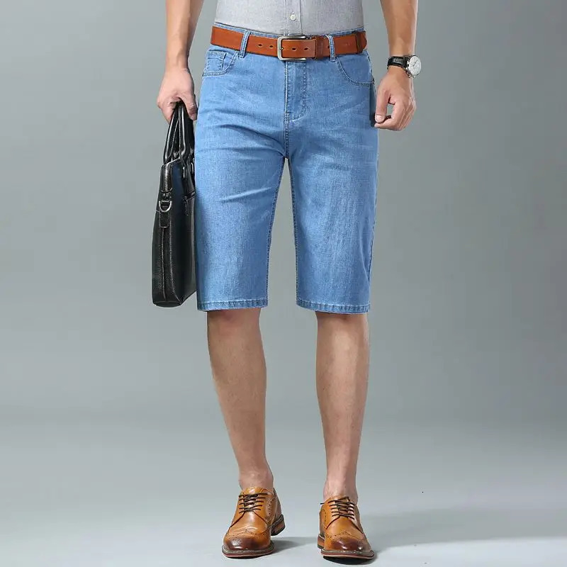 Summer Men Denim Shorts Style Thin Embroidery Business Casual Straight Short Jeans Male Clothing sky Blue 260624
