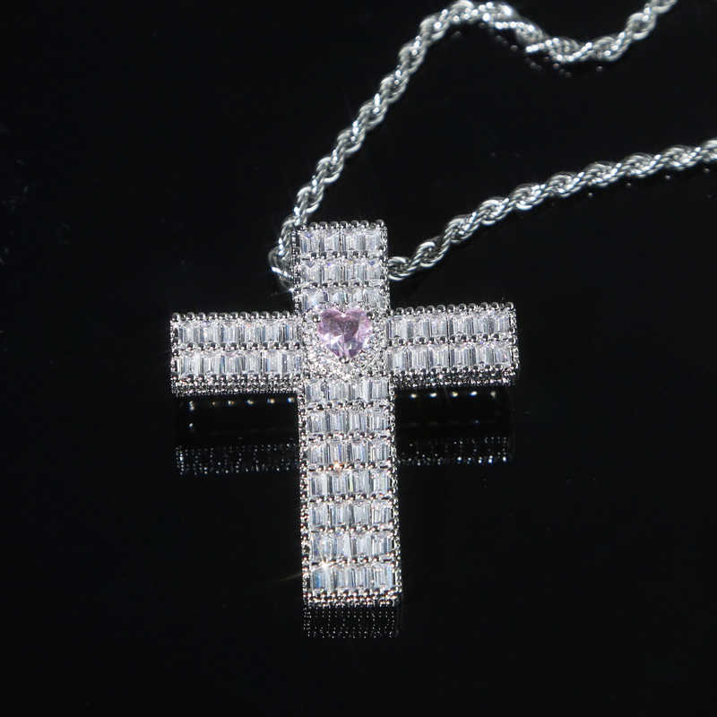 Hip New Hop Full Cz Cross Pendant Paved Pink Heart Stone with Rope Chain for Women Men Fashion Jewelry Wholesale D260624