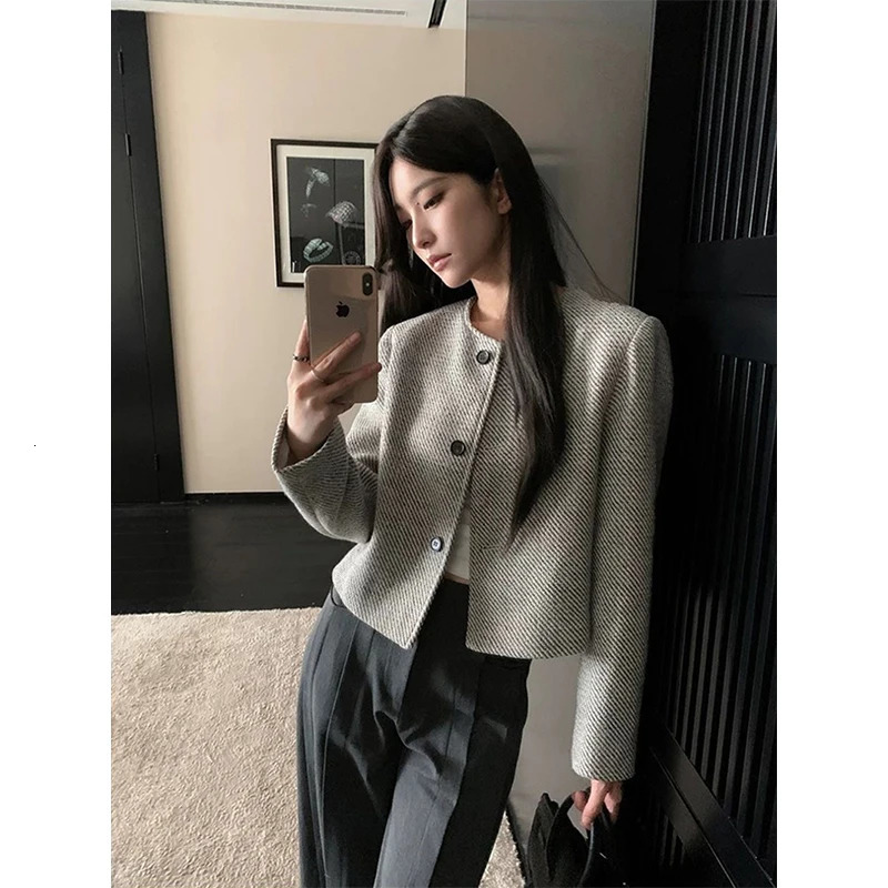 MEXZT Elegant Tweed Jacket Women Vintage Cropped Coats Korean Long Sleeve Short Outerwears Autumn Office Ladies n Blazer 260618