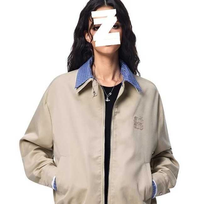 Plaid patchwork short jacket casual workwear jacket unisex khaki and black with tags L26624