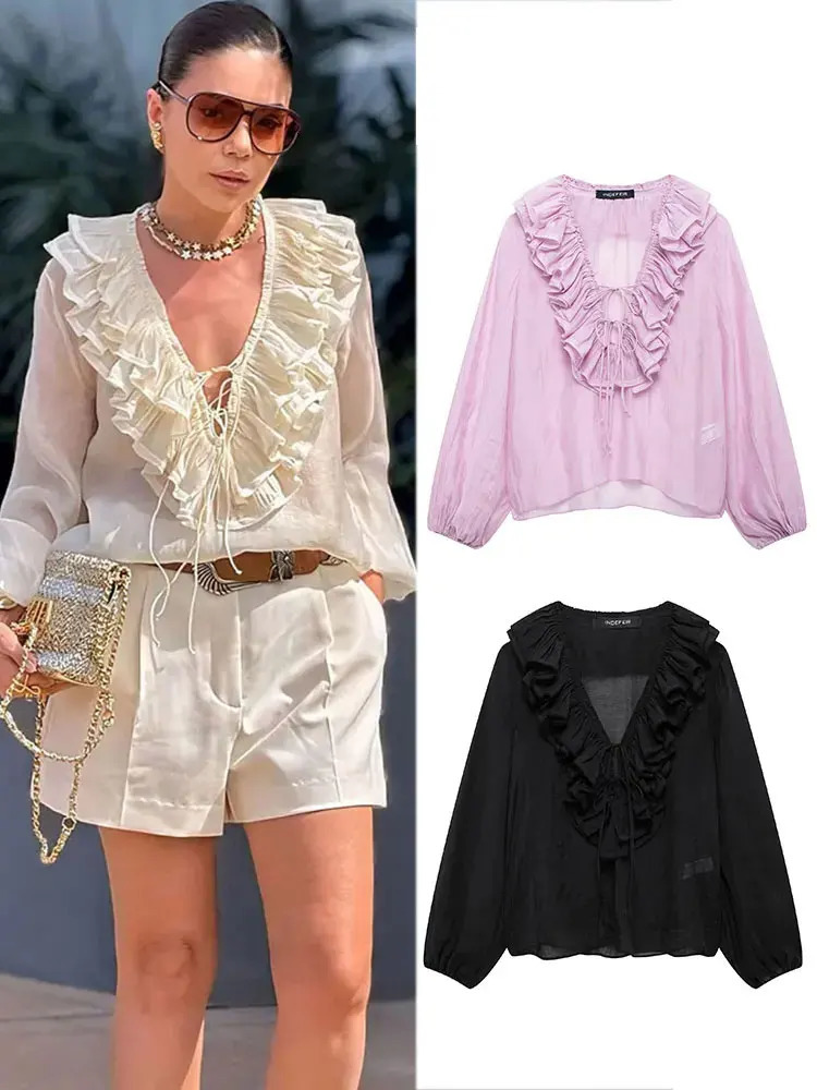 HH Elegant Womens Retro Vneck Ruffle Trim Long Sleeve Shirt Summer Casual Top Fashion Translucent Thin 260623