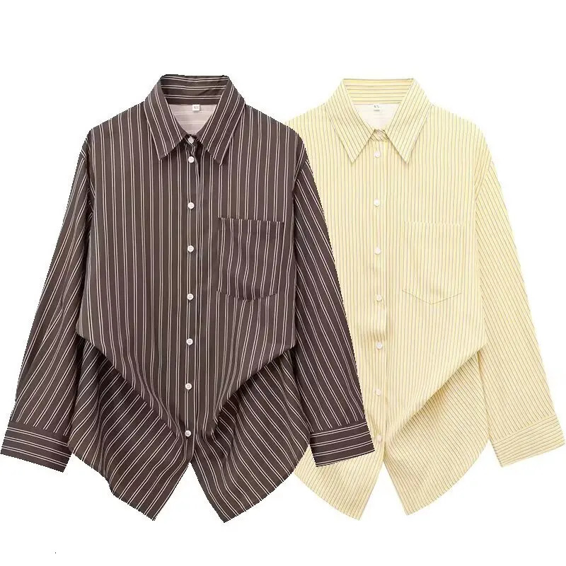 2026 Camicia da donna abbottonata con risvolto a righe primaverili, casual e versatile per le uscite quotidiane, stile senza sforzo 260623