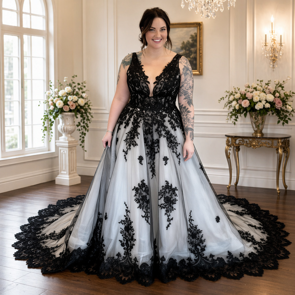Gothic Black And White Wedding Dresses Chapel Train Lace Appliques V-Neck Straps Plus Size Bridal Gowns Back Lace-Up Custom Made