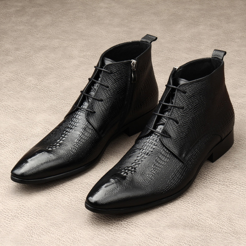 Men Crocodile Pattern Genuine Leather Ankle Boots Wool Lined Warm Winter Pointed Toe Lace Up Formal Dress Chelsea Boots Business Wedding Leather Sho