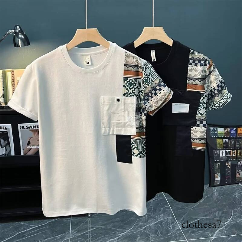 Men Brand Quality 100% Cotton Short Sleeve Tshirt Y2K Summer Mens Fashion Ethnic Style Patchwork Cargo T Shirt Techwear Camiset