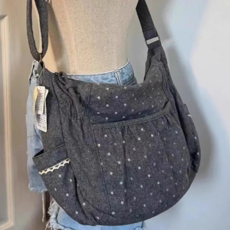 Korean Style Polka Dot Canvas Tote Bag Womem Shoulder Bags Ladies Casual Lazy Versatile Fashion Crossbody Bag for Work Commute 260624