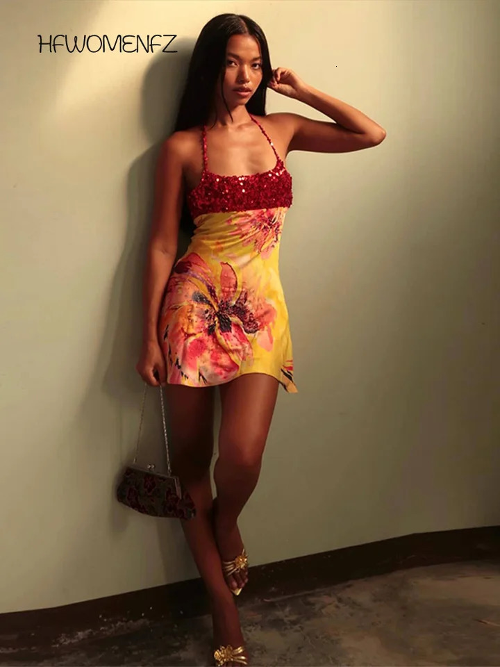 Sexy Print Sequined Mini Dress Women Party Sleeveless Backless Halter Slim Female Dresses 2026 Spring Summer Elegant Lady Robe 260623