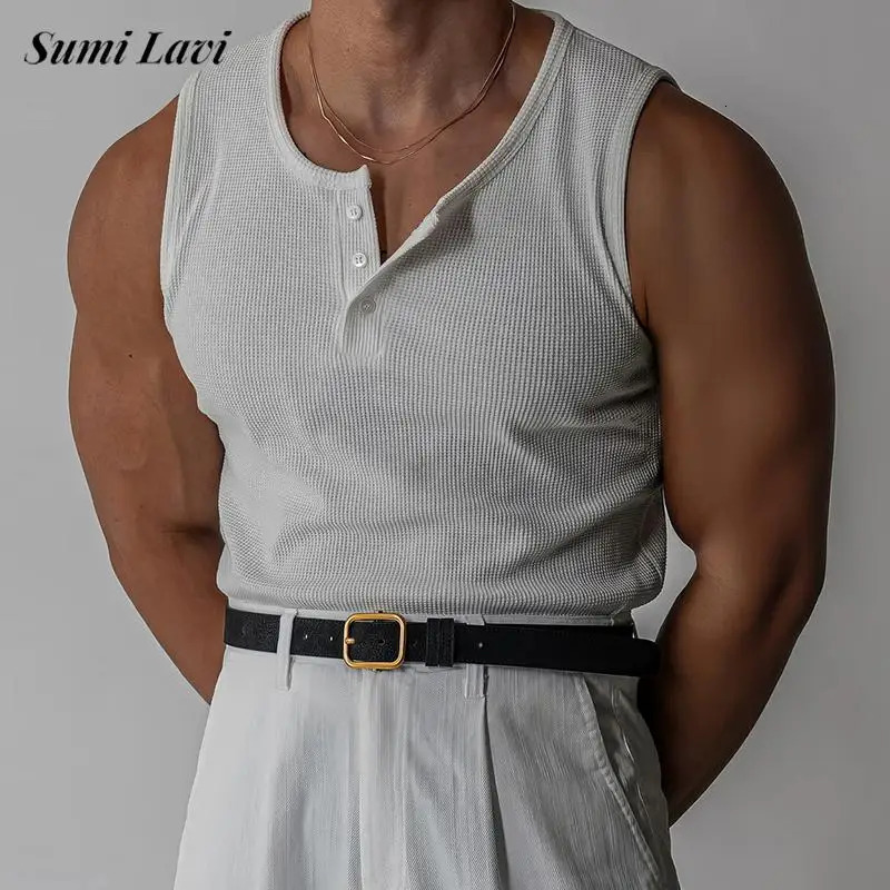Outdoor Casual Breathable Mens Tank Tops Stylish Solid Color Button Henley Collar Vest Men Vintage Sleeveless Slim Fit Camisoles 260624
