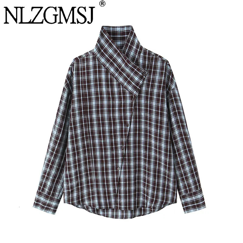 NLZGMSJ Women Plaid Printed Shirt 2026 Spring Autumn Fashion Vintage Asymmetry Collar Long Sleeves Causal Elegant Loose Tops 260623