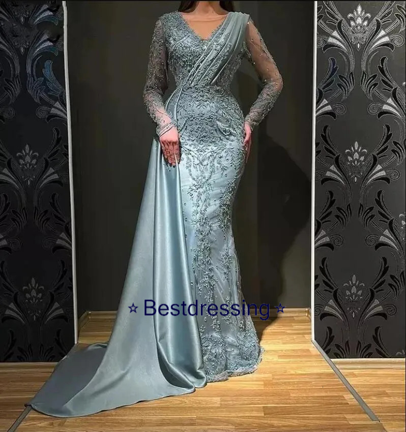Arabic Dubai Turkish Long Sleeves Women Evening Dresses Mermaid V Neck Overskirts Ruched Satin Formal Occasion Party Gowns Embroidery Lace Beaded Ve