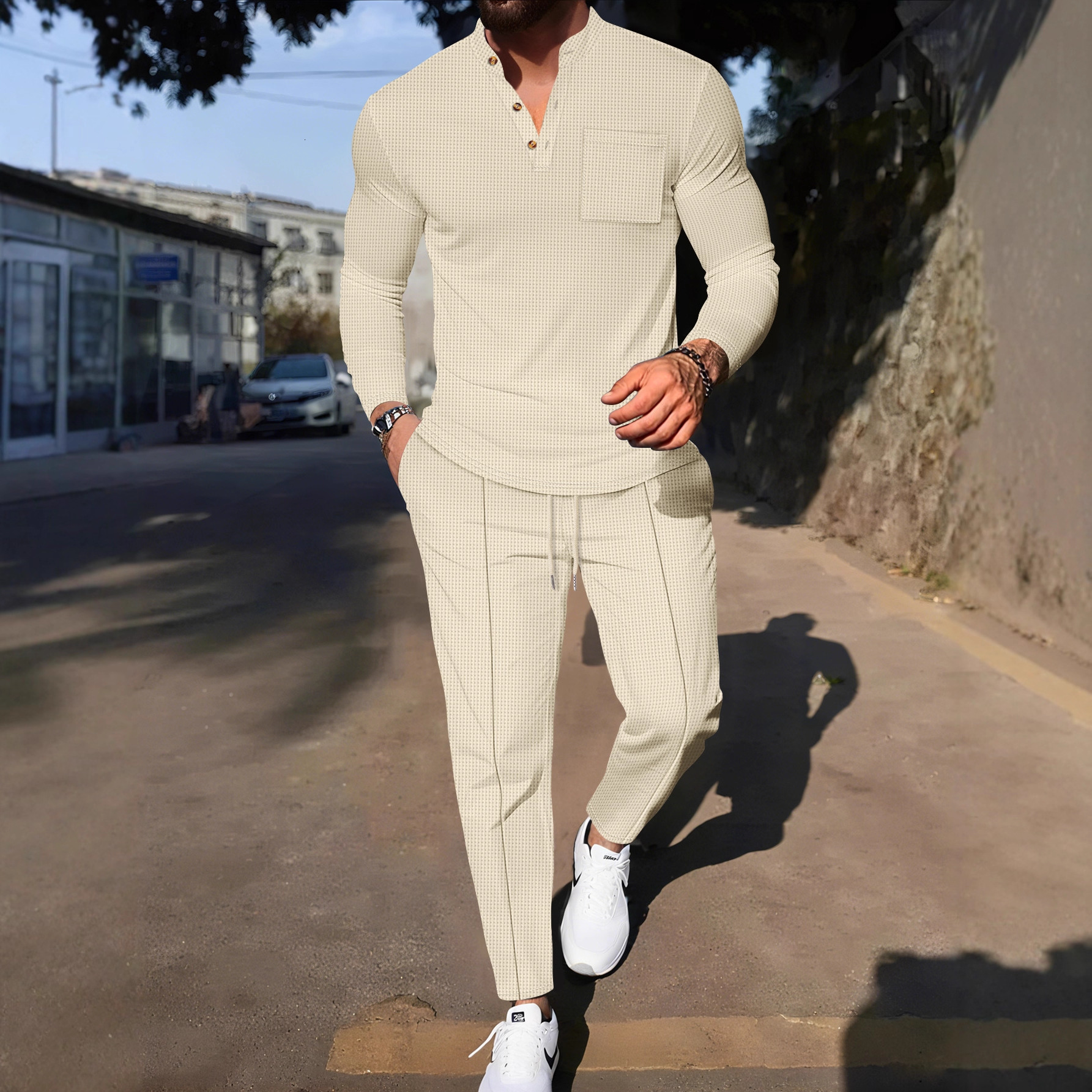 Amazon American-Style Cross-Border Spring And Autumn Men's Henley Collar Long-Sleeve Waffle Knit T-Shirt Casual Suit