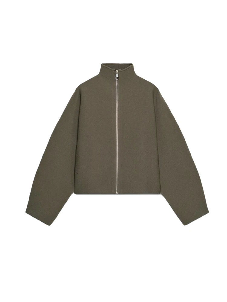 Vintage Stand Collar Womens Cropped Jacket Zipper Loose Full Sleeve Thick Warm Coat Autumn Winter Lady in Outwear 260624