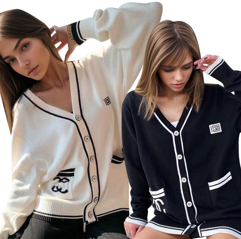 Designer women's sweater autumn fashion long sleeved knitted top high-end women's cardigan fashion sweater women's black and white wo