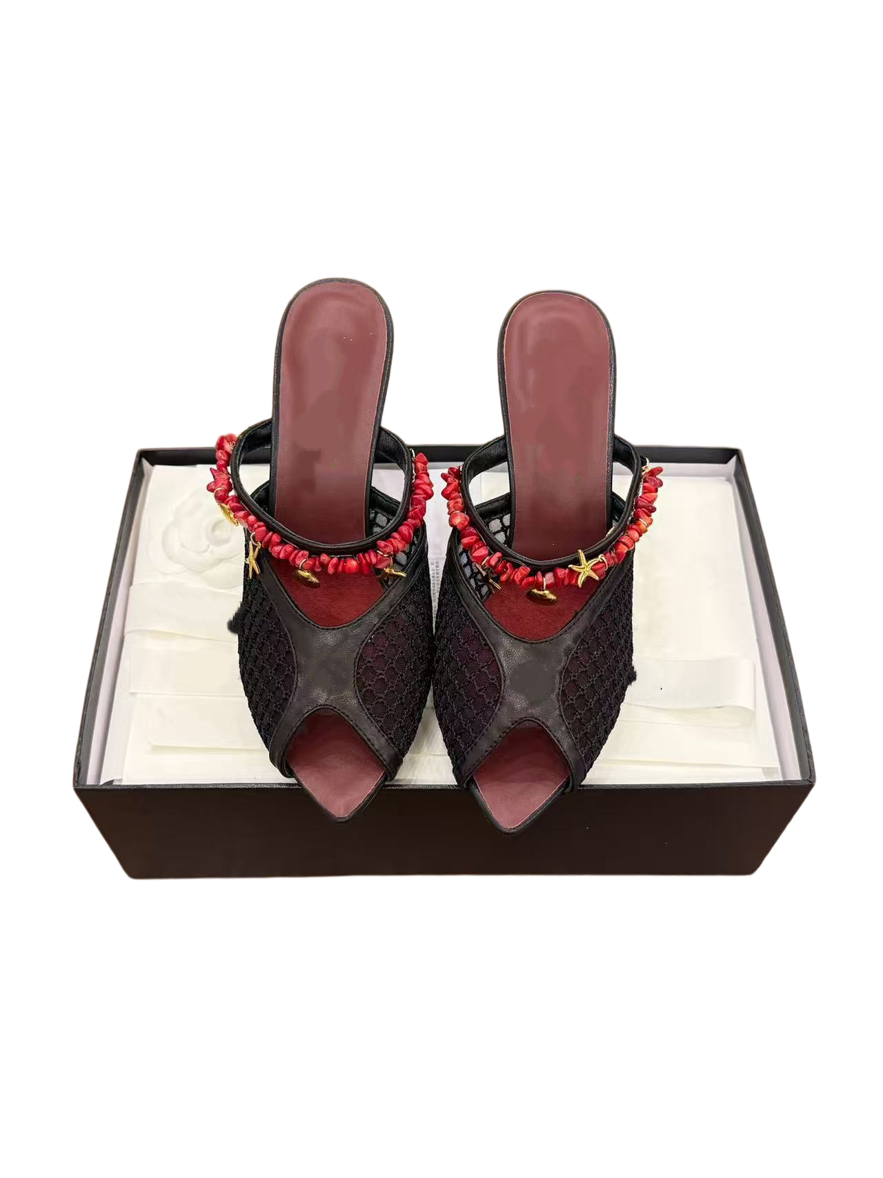 10A Summer New Product: High end Classic Cherry Blossom Limited Edition Square Small Fragrant Wind Mesh Fish Mouth High Heel Cool Drag, Fashionable