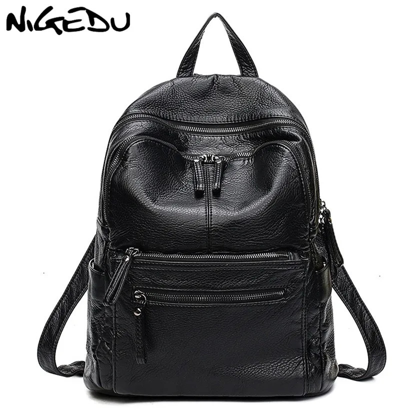 NIGEDU Soft PU leather Women backpack Large capacity ladies backpack black Casual School Book Bag travel bag Daypack mochila 260624